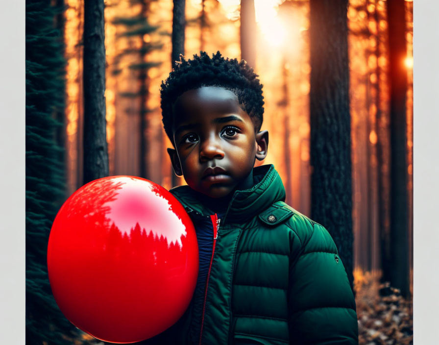 Child with red balloon in forest under sunlight