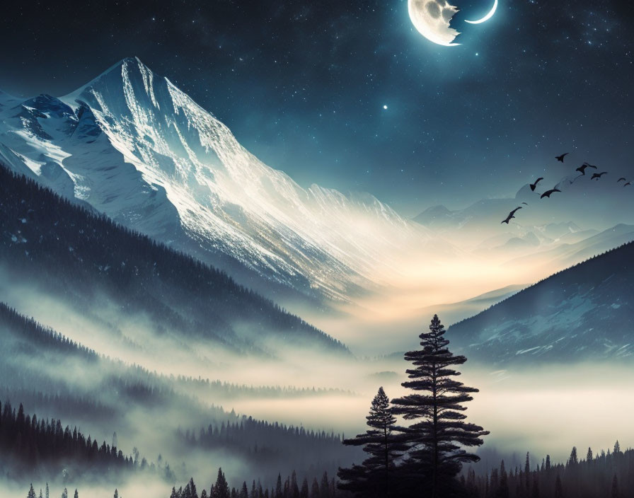 Moonlit mountain landscape with misty forest, lone pine tree, and birds in flight