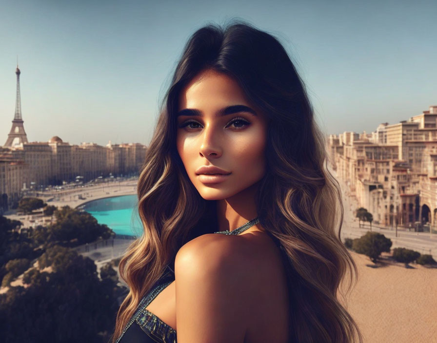 Long-haired woman with subtle makeup in Paris with Eiffel Tower backdrop