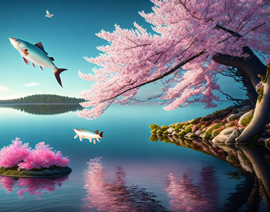 Surreal cherry blossom tree by lake with flying fish and cloud reflections