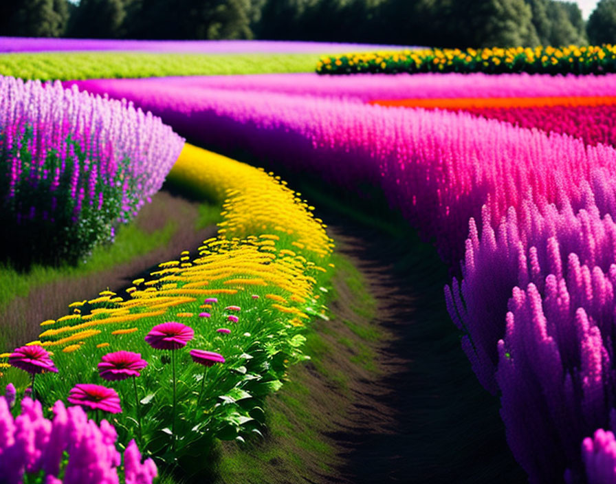 Vibrant flowering plants in lush field with dirt path, purple, pink, and yellow hues under