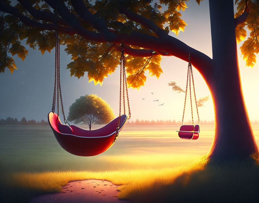 Red Swing Hanging from Tree in Golden Field at Sunrise/Sunset