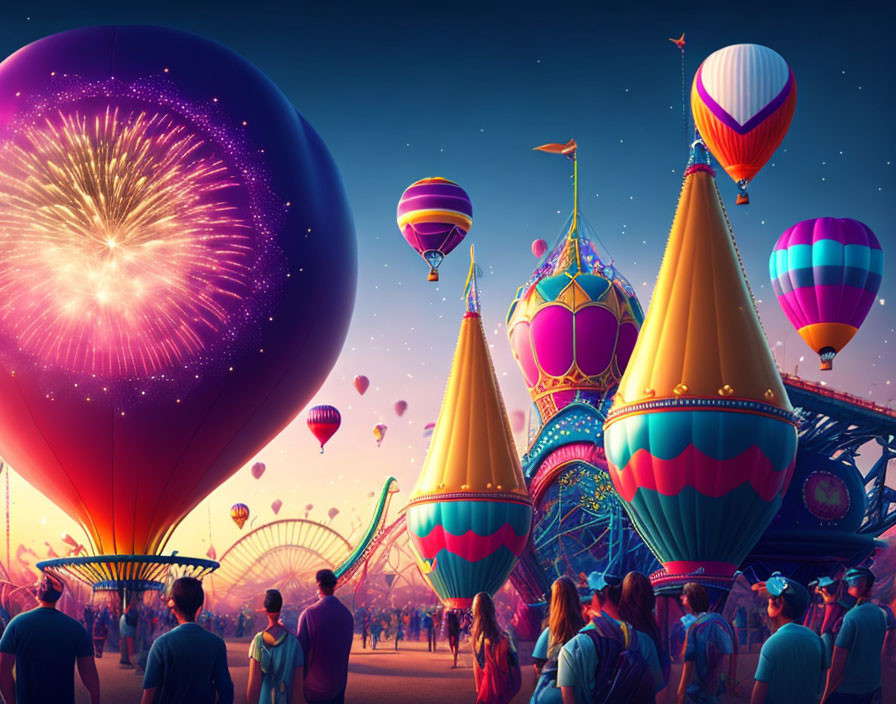 Colorful festival scene: fireworks, hot air balloons, whimsical pavilions