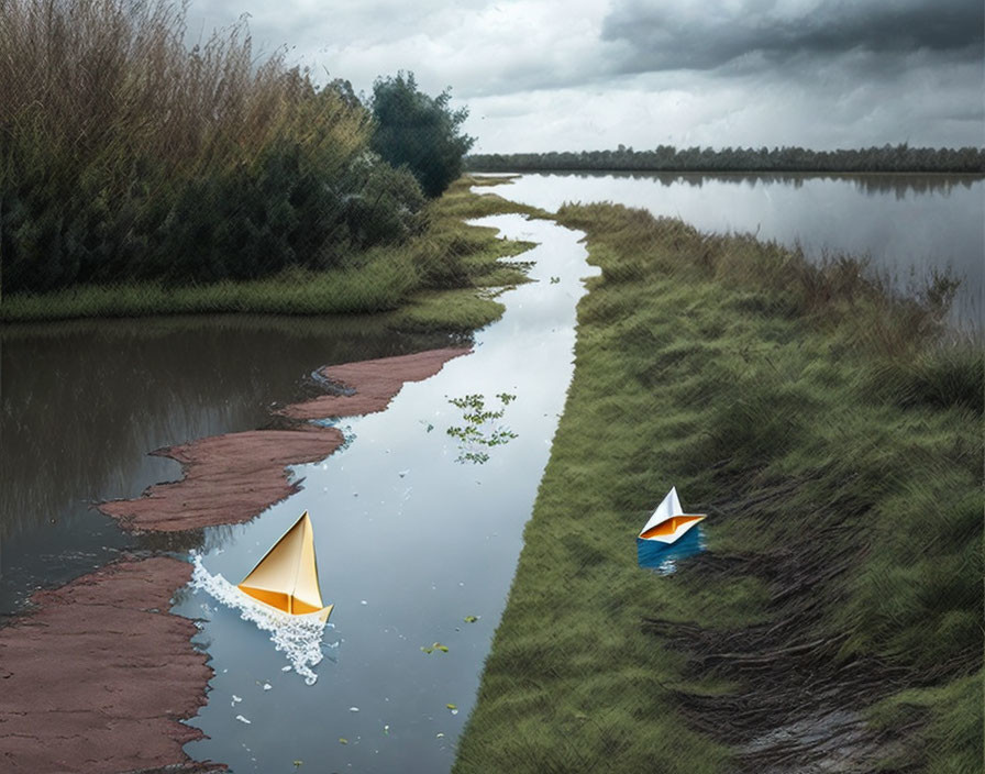 Tranquil landscape with winding river, paper boats, and cloudy sky