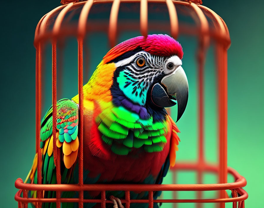 Colorful Macaw Sitting in Open Red Cage on Gradient Green Teal Background