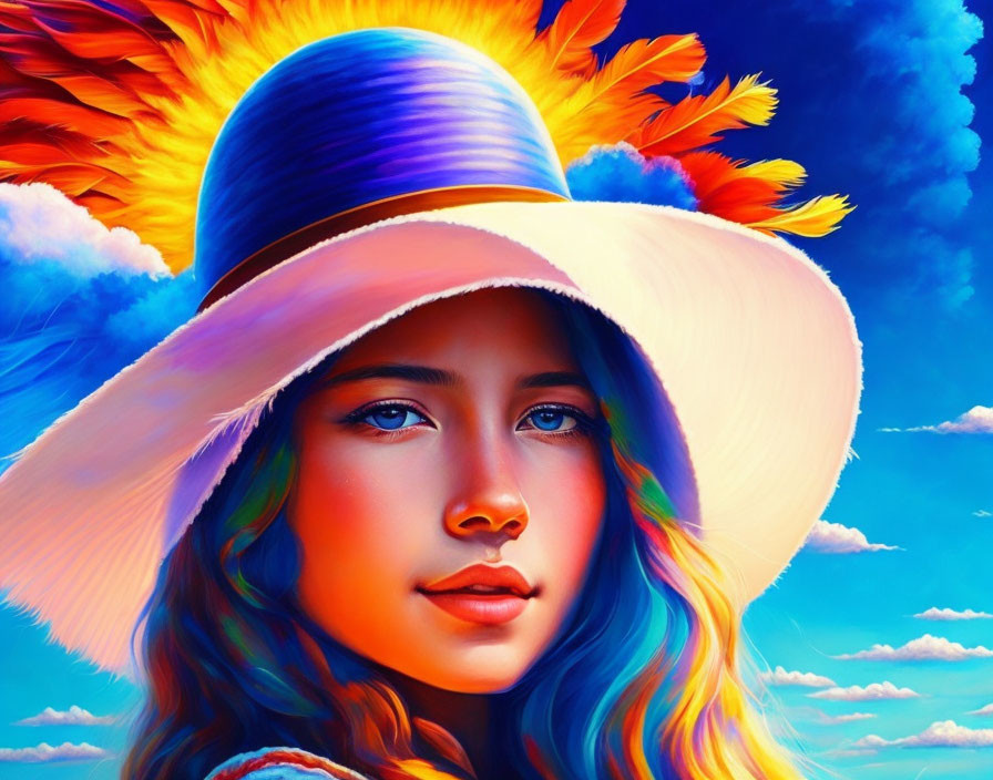 Young woman with wide-brimmed hat in digital portrait against colorful sky