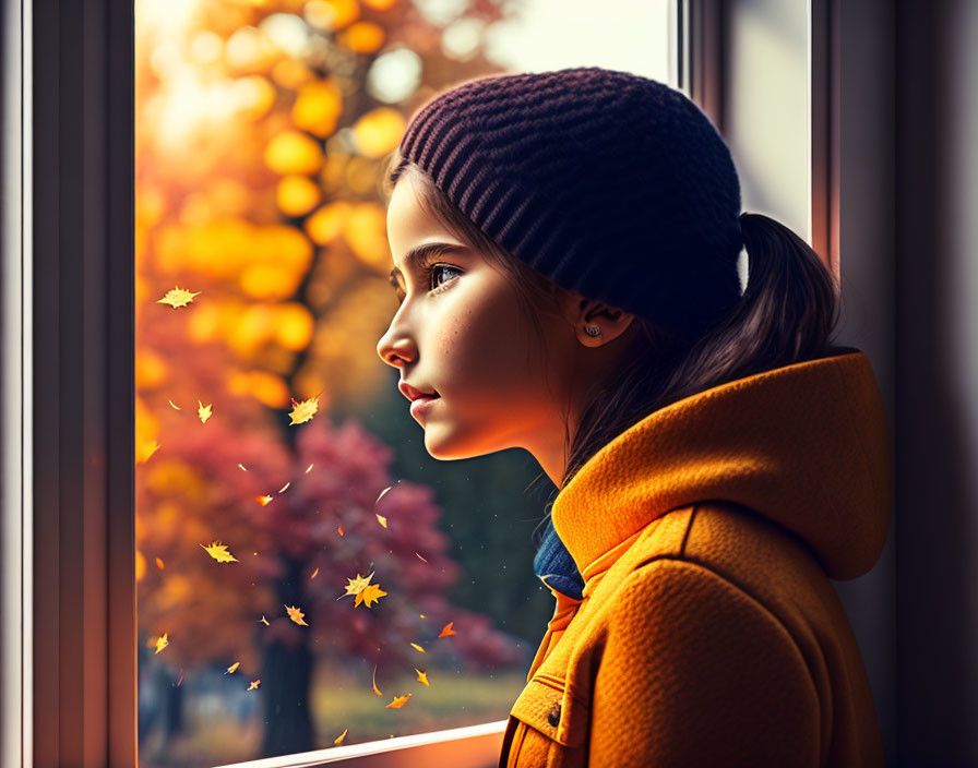 Young person in hat and scarf gazes at autumn leaves through window