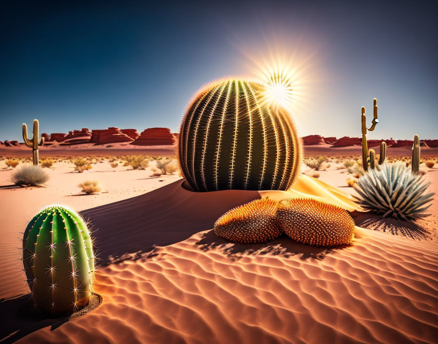 Desert landscape with cacti, sand dunes, and radiant sunset