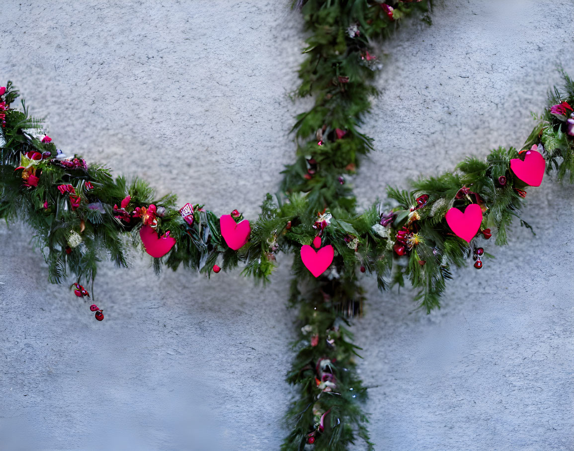 Green Garland with Red Berries and Heart-Shaped Decorations on Textured Gray Wall