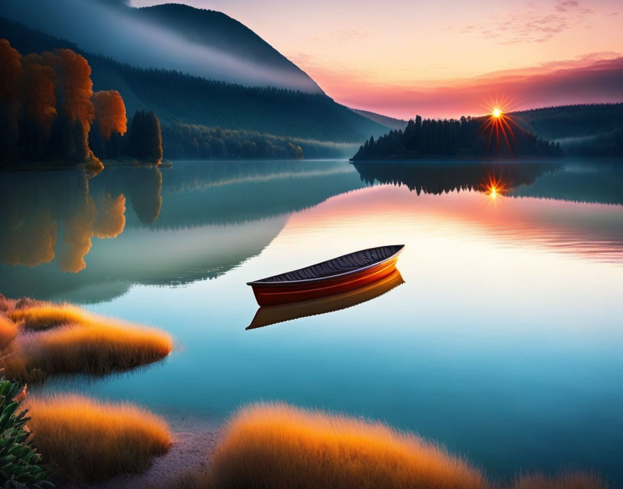 Tranquil Sunrise Scene: Lake, Boat, Mountains, Trees