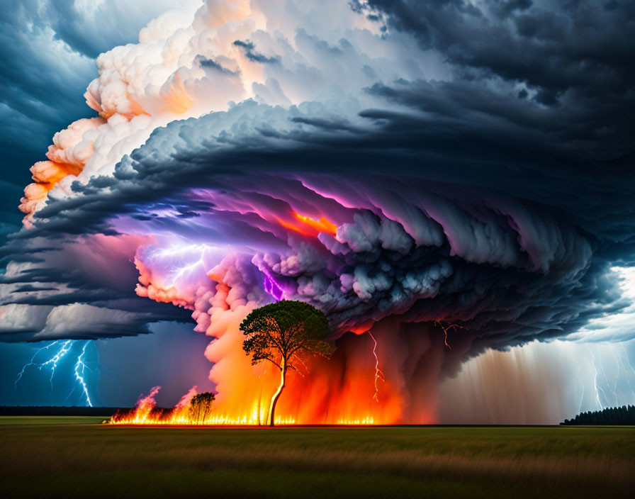 Vivid lightning in dramatic supercell storm landscape