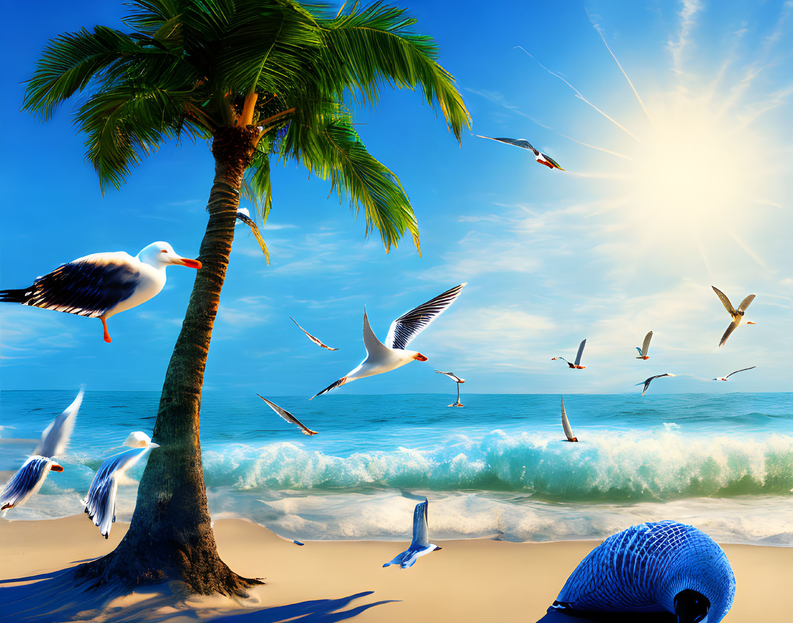 Sunny tropical beach with palm tree, seagulls, and beach hat