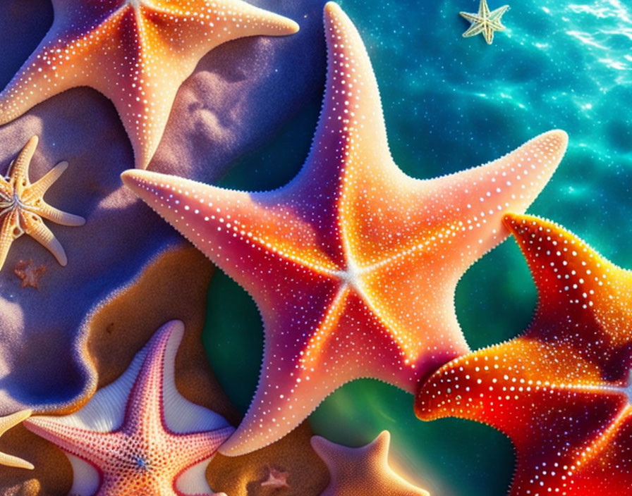 Colorful Starfish on Sandy Beach with Ocean Background