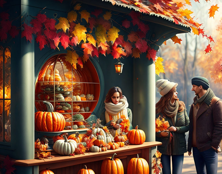 Autumn-themed image with two people at pumpkin stall