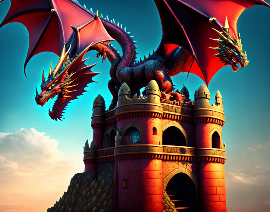 Red dragon on ancient stone tower under blue sky