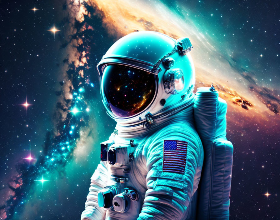 Astronaut in space suit with American flag patch against starry backdrop.