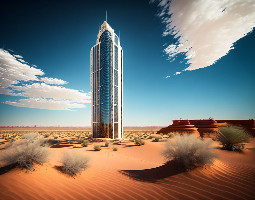 Tall skyscraper in desert landscape under blue sky