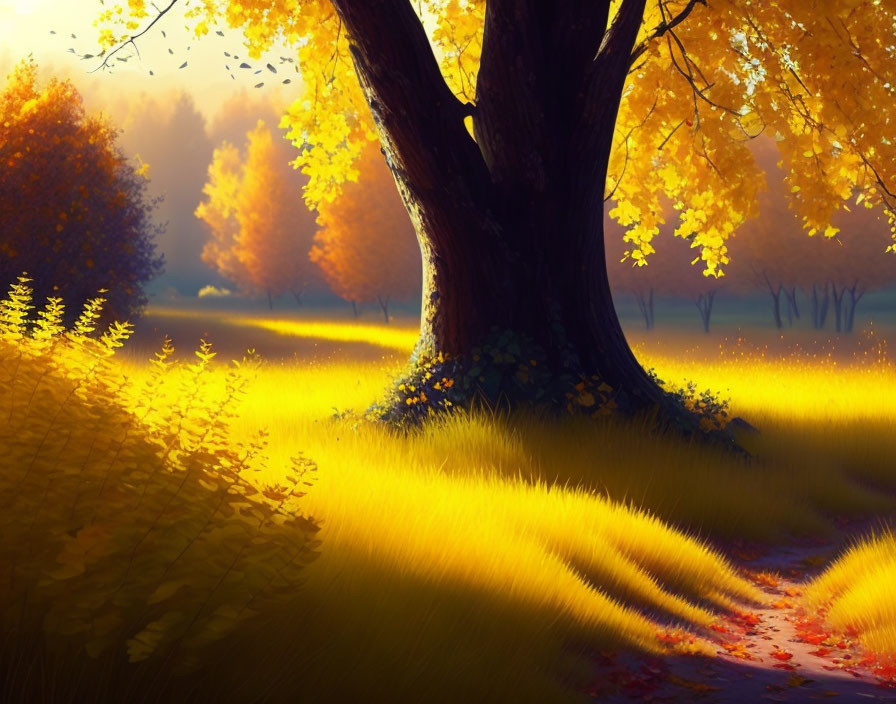 Enchanted forest with large autumn tree and golden leaves