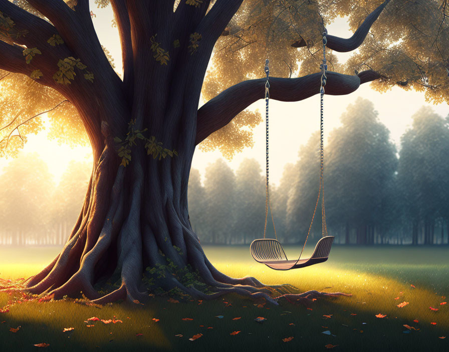 Tranquil forest clearing with wooden swing at sunrise or sunset