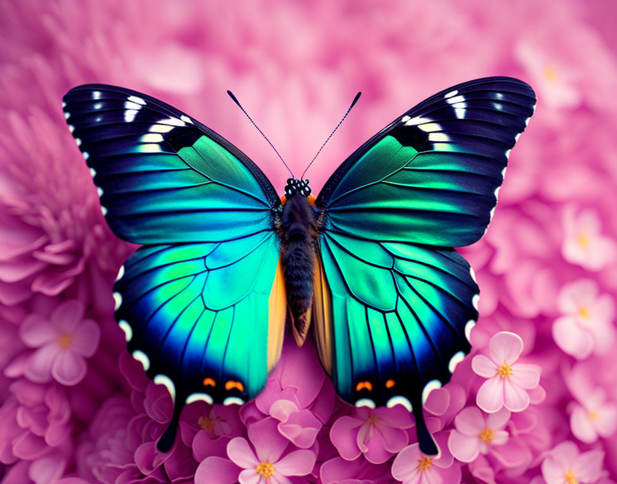 Colorful Butterfly Resting on Pink Flowers with Wings Spread