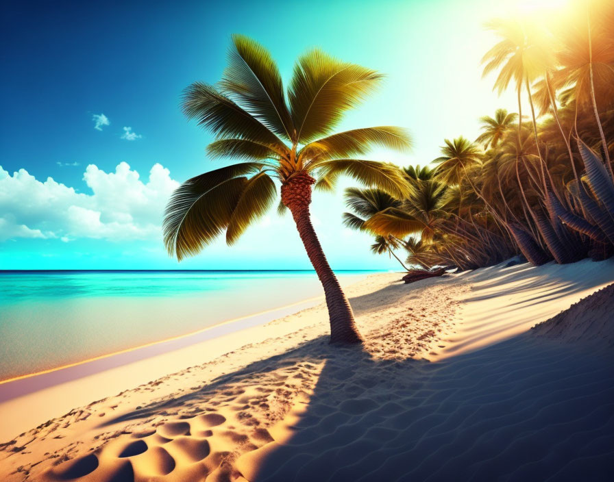 Tropical beach scene with palm trees and golden sand