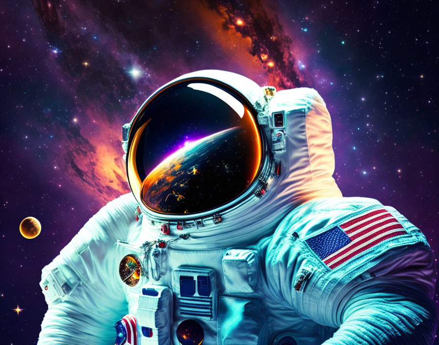 Astronaut in space suit with American flag patch against cosmic backdrop