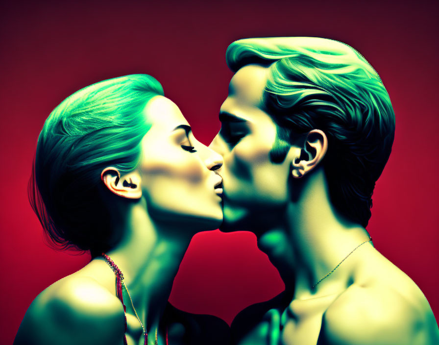 Stylized figures kissing with exaggerated features on red backdrop.