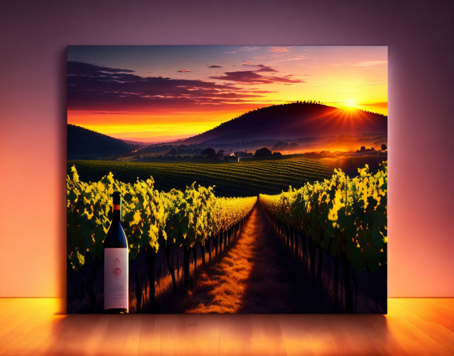 Scenic vineyard canvas print with sunset, grapevines, and wine bottle