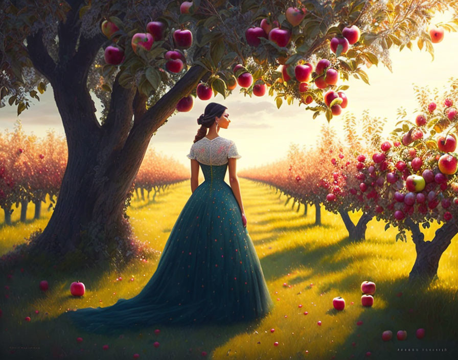 Woman in vintage blue dress in lush apple orchard under sunlight