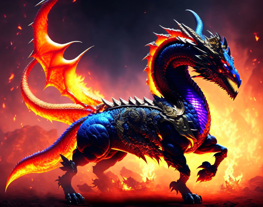 Blue dragon with orange wings in fiery setting