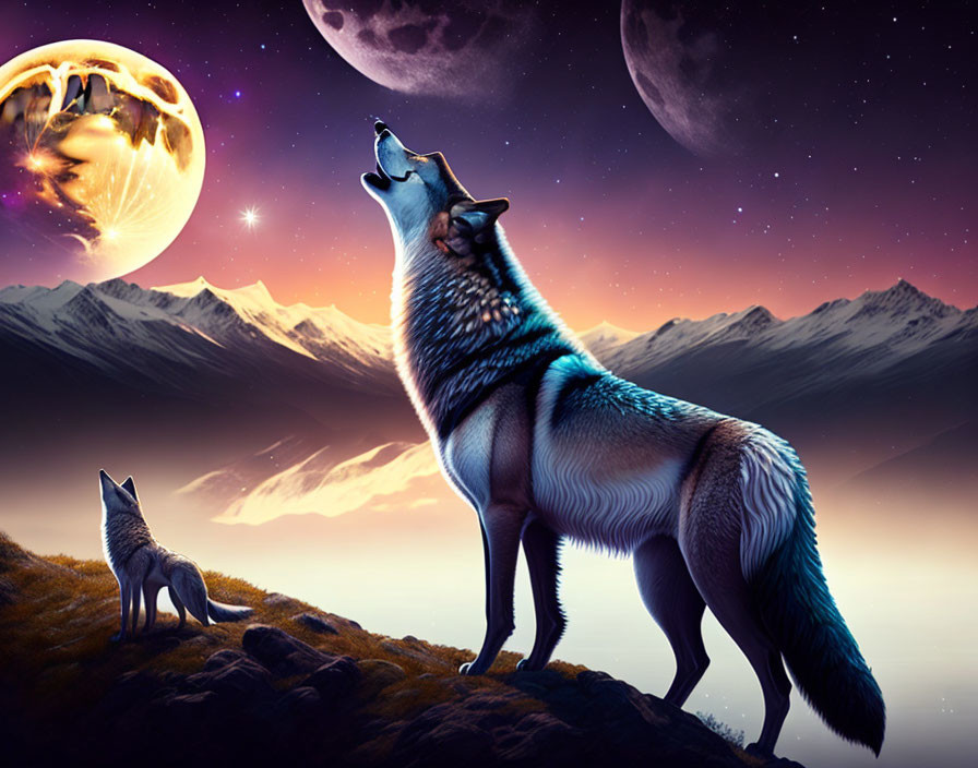 Wolf howling on mountainous terrain under night sky with giant moon and planets