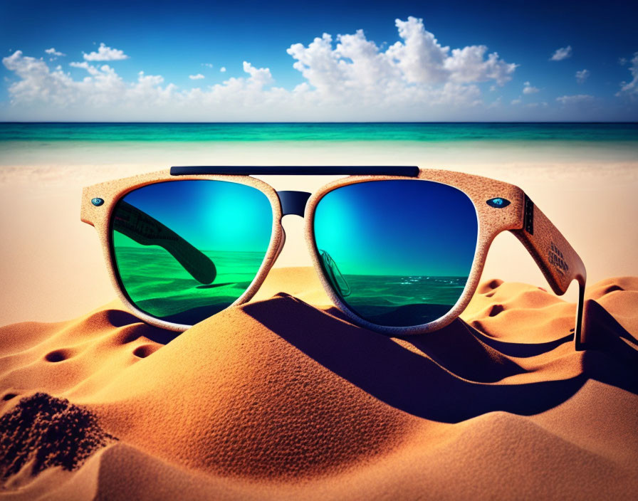 Reflective Blue Lens Sunglasses on Golden Sands and Blue Sky Background