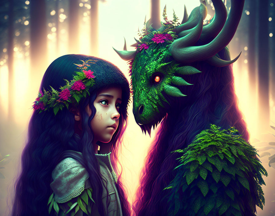 Young girl with floral headdress and green creature in ethereal forest.