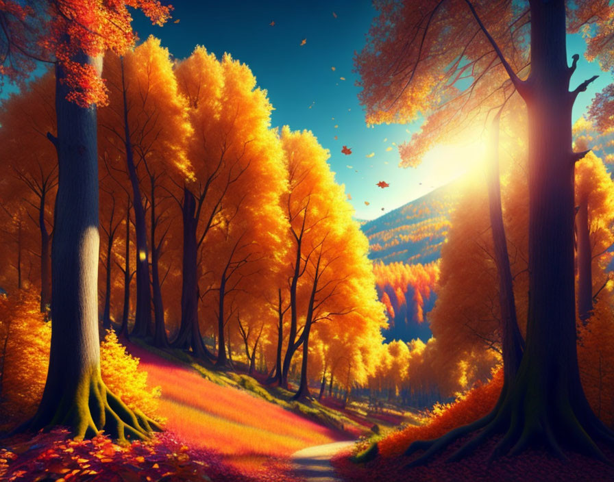 Scenic autumn forest path with golden leaves and sun rays