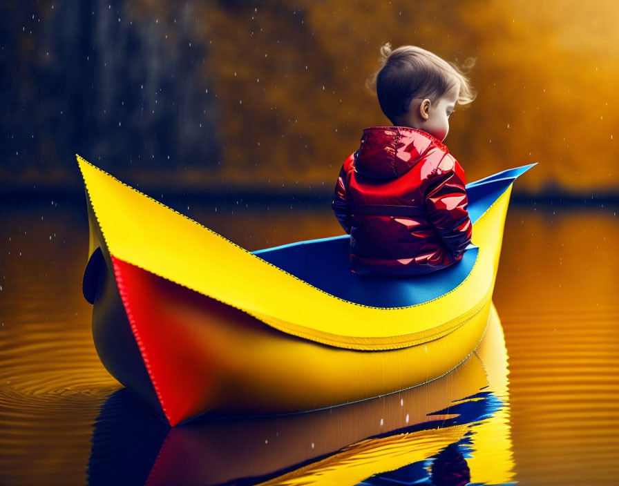 Toddler in Red Jacket on Yellow and Blue Toy Boat in Rainy Scene