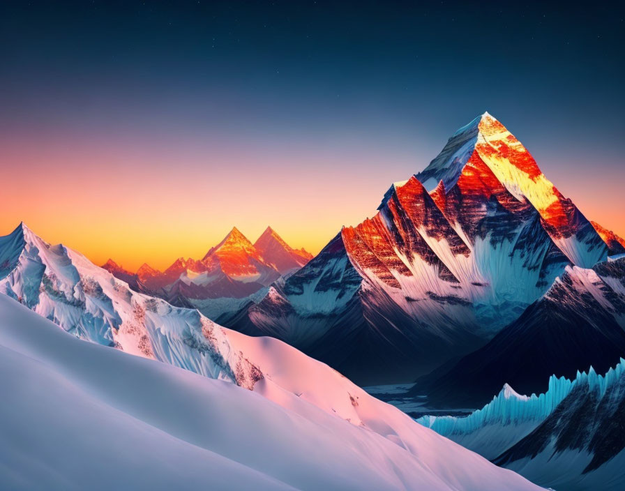 Twilight snow-covered mountain peaks under starry gradient sky