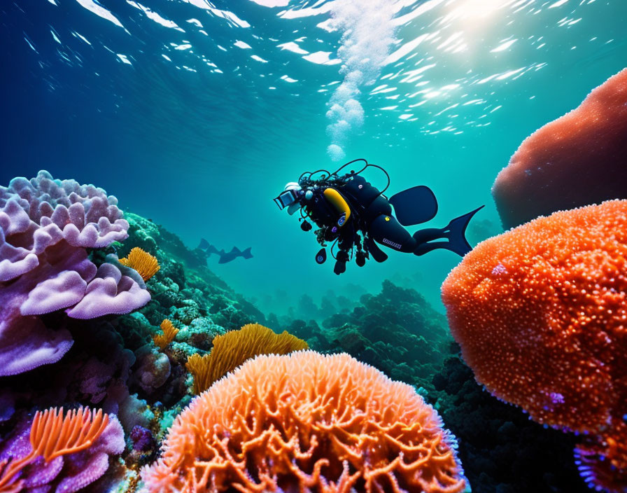 Colorful Coral Reef with Diver and Shark