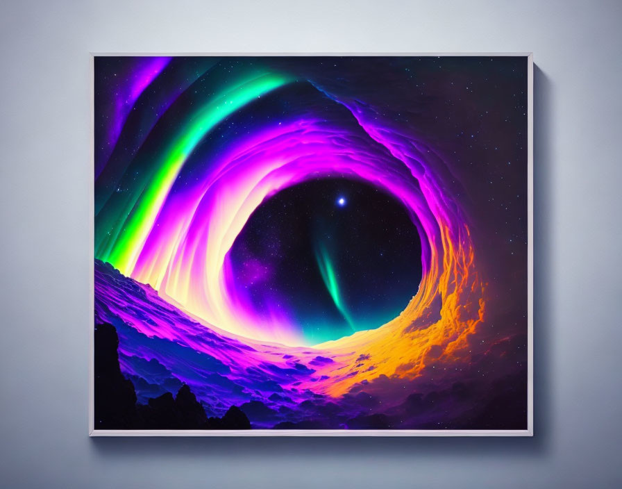 Neon-hued cosmic event artwork on wall