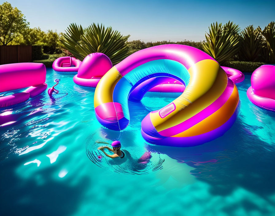 Vibrant inflatable pool floats on blue water with greenery and clear skies