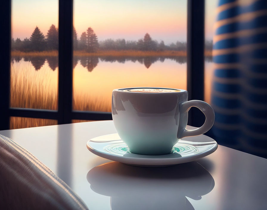 Coffee cup on saucer by window overlooking serene lake at sunrise