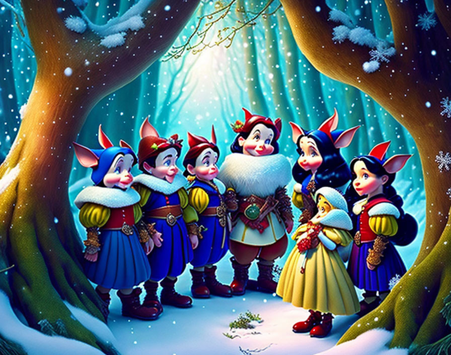 Seven animated dwarf characters in snowy forest with beams of light.