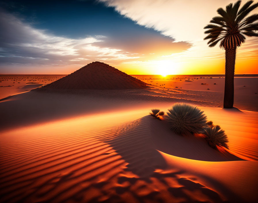 Vibrant desert sunset with sand dunes and palm tree