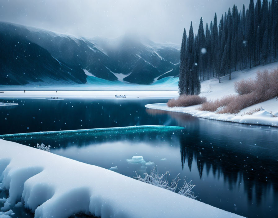 Snowy winter landscape with calm lake, pine trees, mountains, and falling snowflakes.