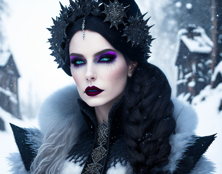 Dark-haired woman with purple eye makeup and spiked crown in fur, snowy background