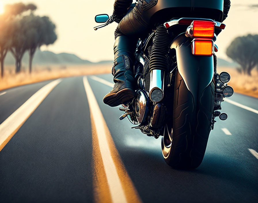 Motorcyclist on Open Road at Sunset with Focus on Rear Wheel