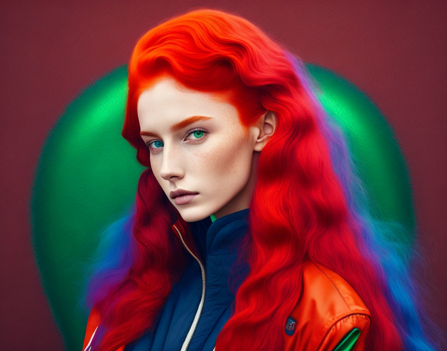 Vibrant red-haired woman in blue top and orange jacket against green background