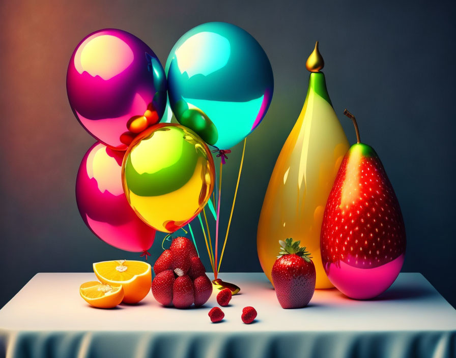 Vibrant still life with balloons and fruits on table