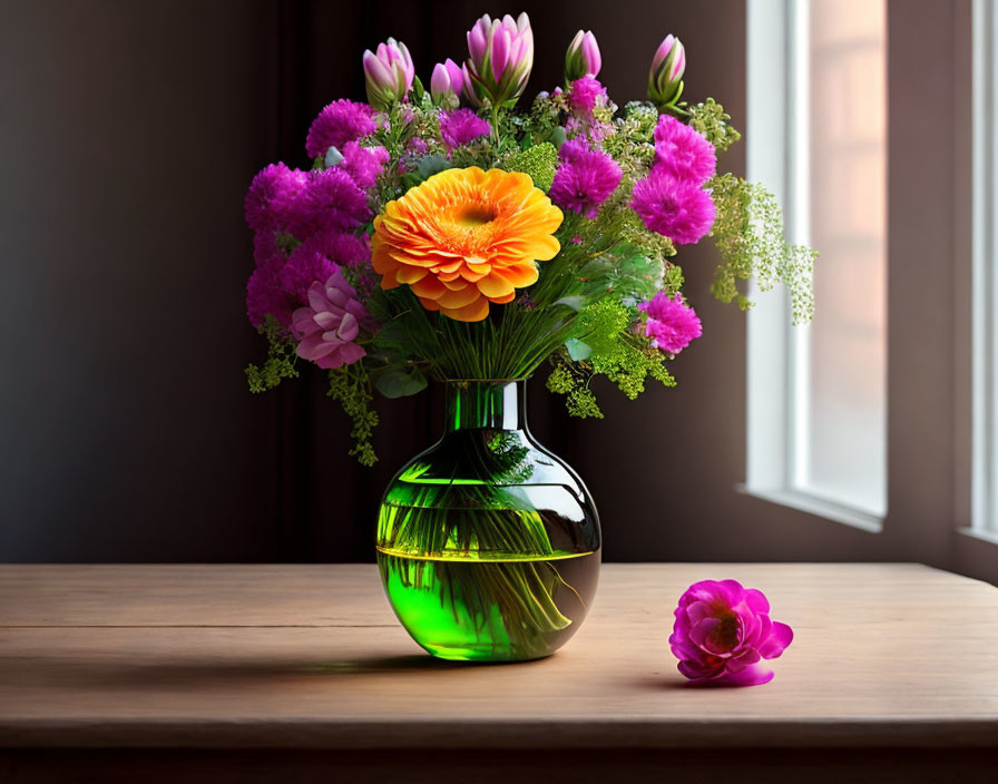 Colorful flowers in green vase on wooden table with natural light from window.