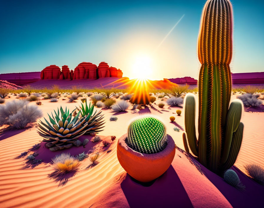 Desert landscape at sunset with cacti and rocky formations.