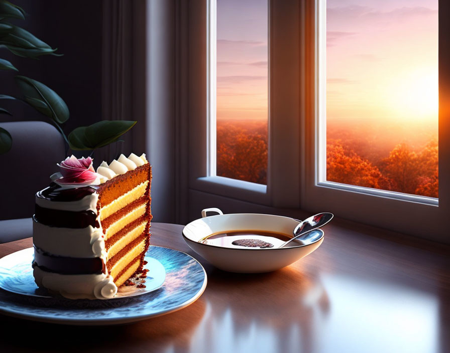 Layered Cake Slice with Frosting, Coffee Cup, Sunrise, and Autumn Trees View